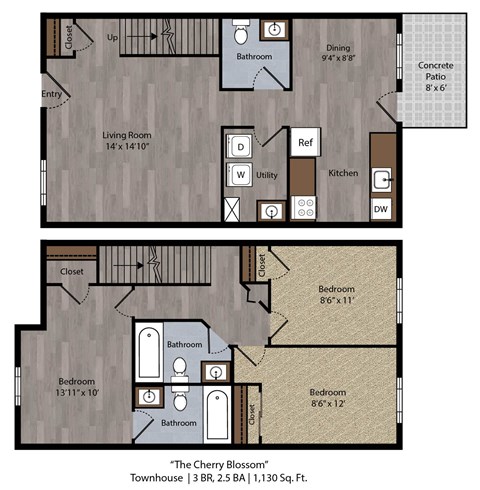 A floor plan of a 3 bedroom townhouse with a living room, dining room, kitchen, and bathrooms.